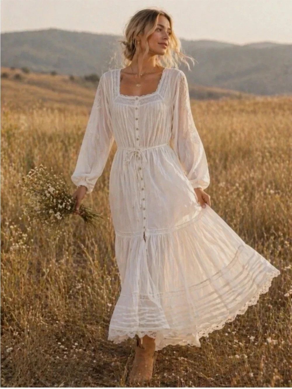 Caroline Constas womens White Cotton Embroidery Lace Long Maxi Dress size Small
